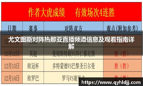 尤文图斯对阵热那亚直播频道信息及观看指南详解
